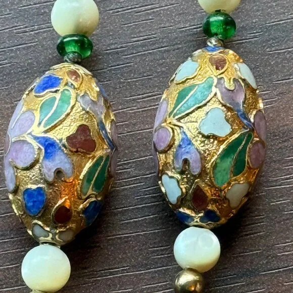 Vintage Gold Tone Floral Cloisonne Earrings with Shell Accents - Picture 4 of 4